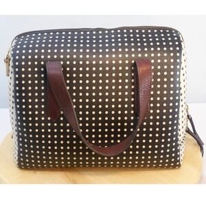 Fossil Polka Dot Satchel Handbag Black White Brown Leather Trim Coated Canvas